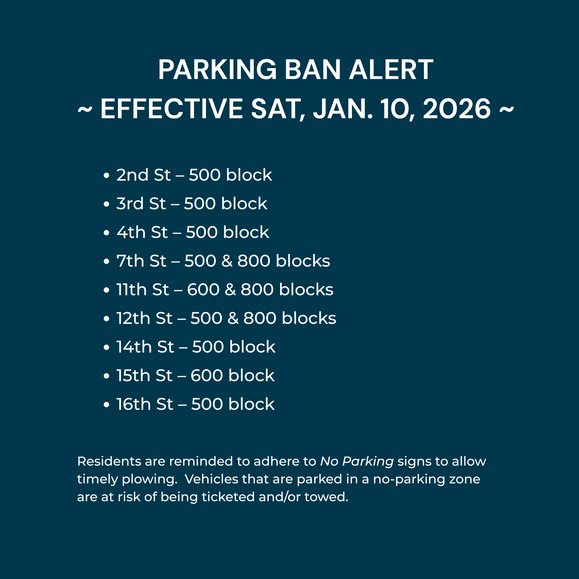 Parking Ban for Sat, Jan. 10, 2026
